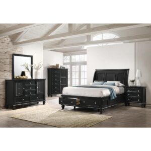 From the Sandy Beach collection comes this stylish 5-piece bedroom set that also offers convenient amenities. The slightly flared headboard of the storage bed is crafted with carved paneling