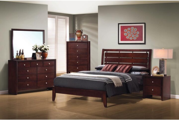 The Serenity collection features this airy 5-piece bedroom that offers an ambiance to match the name. A horizontal-slatted headboard and low footboard highlight the bed. The nightstand and chest have deep drawers for ample storage and room on top for a lamp or decorative vases. The nine-drawer dresser provides additional storage and is built to hold the accompanying rectangular mirror. The set features select hardwood construction with a magnificent rich merlot finish for years of timeless style and enjoyment.