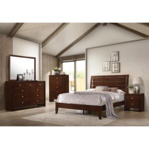 airy appeal. The bed features a headboard with horizontal slats and a low-slung footboard. The nightstand has two deep drawers and room on top for a favorite table lamp. The dresser is crafted with nine roomy drawers and space on top for jewelry boxes and a sturdy rectangular mirror. Each piece is finished in a gorgeous rich merlot and constructed from select hardwoods and veneer for years of long-lasting enjoyment.