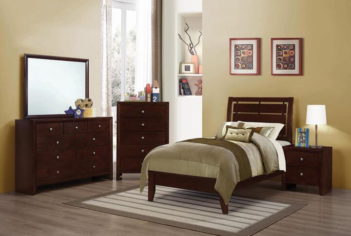 Included in the Serenity collection is this solid twin bed for a youth bedroom or guest room. Imposing headboard features horizontal slats that give the room a light