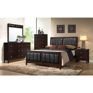 From the Carlton collection comes this handsome 5-piece bedroom set featuring padded black leatherette paneling throughout. The sumptuous padding on the bed is found on the headboard and footboard for a stately appearance. The nightstand and chest are characterized by deep drawers and spacious tops for a lamp or decorative vases. The dresser has six spacious drawers and enough space on for the accompanying mirror