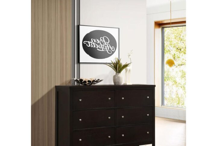 A perfectly designed dresser adds impressive character to any bedroom. This simple but classy wood dresser from the Carlton collection is a showcase piece of any master bedroom. It's impressively sized and expertly constructed with six wide drawers that hold everything from undergarments and swimsuits to an extra fleece to take the edge off an unexpectedly chilly night. Wide