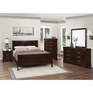 Update any modern bedroom with the thin and clean lines from this eastern king bed. Elongated geometric shapes made of wood veneer and select hardwoods sit inside beveled edges. In a warm cappuccino finish