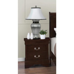 this nightstand looks great topped with candles or flowers. Bright metallic hardware creates a contrast against the deep