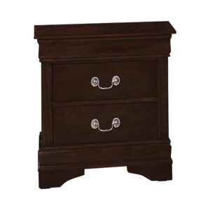 Honor classic simplicity with this two-drawer nightstand. Slightly tapered legs add dimension that balances the tapering of the top of the silhouette. A rich cappuccino finish creates a warm and welcoming effect. Constructed of wood veneer and select hardwoods