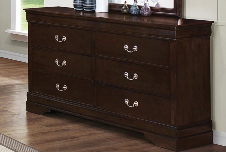 Polish up a traditional decor scheme with this six-drawer dresser