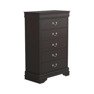 the silhouette features wood veneer and select hardwoods. Radiate classic style and sophistication with a warm cappuccino finish. Contrasting nickel bail drawer handles are a modern upgrade. The English dovetail construction provides structure that is perfect for storing linens and extra clothing.