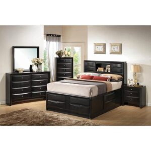 Update a bedroom with the open and geometric details from this California king storage bed. Add depth with the chamfered edge drawer fronts that line the simple silhouette. The headboard is full of clean lines and features drop down compartments and a shelf. making it perfect for a primary suite of any size. The frame and sleek black finish from this transitional design look great in any modern space. The footboard features four drawers while the right side has a drop down compartment compartments