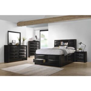 full of open and geometric details. A sleek black finish and simple silhouette look great in a primary suite of any size. The headboard is full of clean lines and is constructed with drop down compartments and a shelf. Store linens and clothing in the drop down compartment on the right side or in the four drawers in the footboard. Chamfered edge drawer fronts create depth along the sides of the frame.