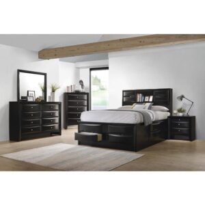 The Briana collection features this 4-piece bedroom set with transitional styling for a primary suite. The storage bed offers function and fashion with drawers in the footboard as well as storage compartments behind drop down doors in the headboard and right side. The drawers of the nightstand and dresser offer plenty of storage space with chambered edge drawer fronts and brushed chrome knobs. The rectangular mirror has straight lines and fits easily upon the dresser to round out the set. The versatile set is finished in black for an enduring appeal.