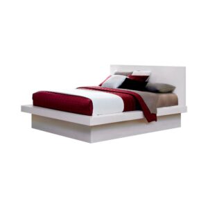 this California king bed looks great with a modern motif. The clean lines in the silhouette are constructed of geometric shapes in solid wood. Open up any space with the bright white finish of the simple headboard. The layered base balances out clean and elongated lines. Add an optional panel nightstand to create a versatile piece.