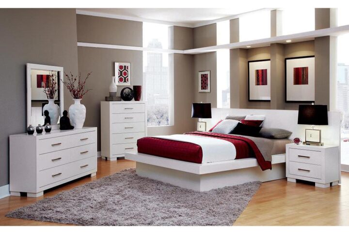This stately 5-piece bedroom set is a showpiece set from the Jessica collection and includes a chest and dresser as well as nightstand that can be placed at arm's reach with the optional nightstand panel on the bed. The bed has smooth