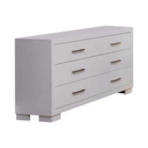 this contemporary dresser invites elegant functionality into a master en suite. With six spacious drawers