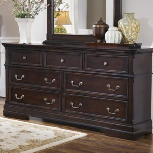 Stunning European-inspired design is celebrated in this traditional seven-drawer dresser. Crafted with clean lines and beveled edges