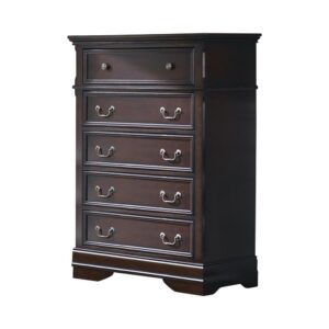 Utilize vertical space for storage with this classic five-drawer chest. The slight curves and thickly tapered legs on the European-inspired silhouette offer a sophisticated personality. Decorative metallic hardware adds another traditional design element. The rich and warm cappuccino hue creates a stunning complement to timeless structure. Store jewelry and other valuables in the top felt lined drawer.