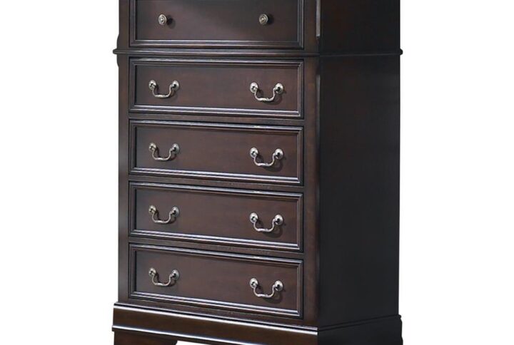 Utilize vertical space for storage with this classic five-drawer chest. The slight curves and thickly tapered legs on the European-inspired silhouette offer a sophisticated personality. Decorative metallic hardware adds another traditional design element. The rich and warm cappuccino hue creates a stunning complement to timeless structure. Store jewelry and other valuables in the top felt lined drawer.