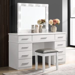 this modern vanity stool offers a fresh modern look. A glossy white polyurethane finish and upholstered seat breathe contemporary charm into a master bedroom