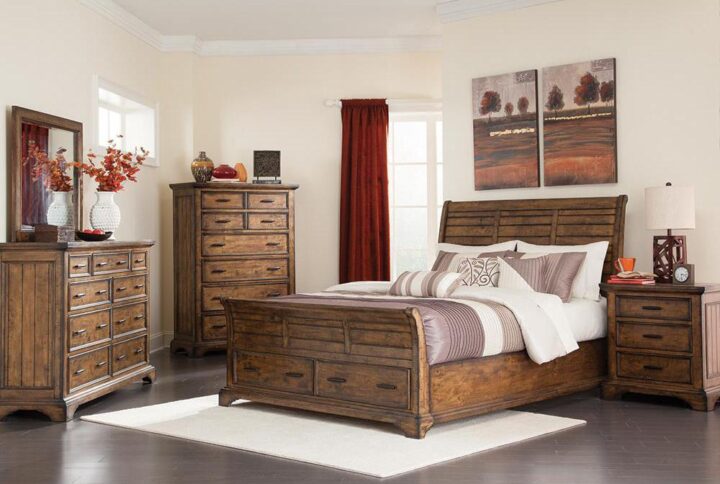 Attention to detail yields an impressive result. Make any room stand out with this dynamic storage bed. Crafty design elements on a vintage bourbon finish all solid wood construction frame makes it a sophisticated choice. Rough sawn planks offer a rustic farmhouse feel. Assemble a tasteful grouping that lasts through several room redesigns.