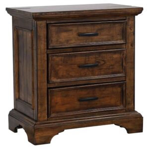 Craft a rustic look in a bedroom with the warm hues from this three-drawer nightstand. Constructed out of solid wood for ultimate sturdiness