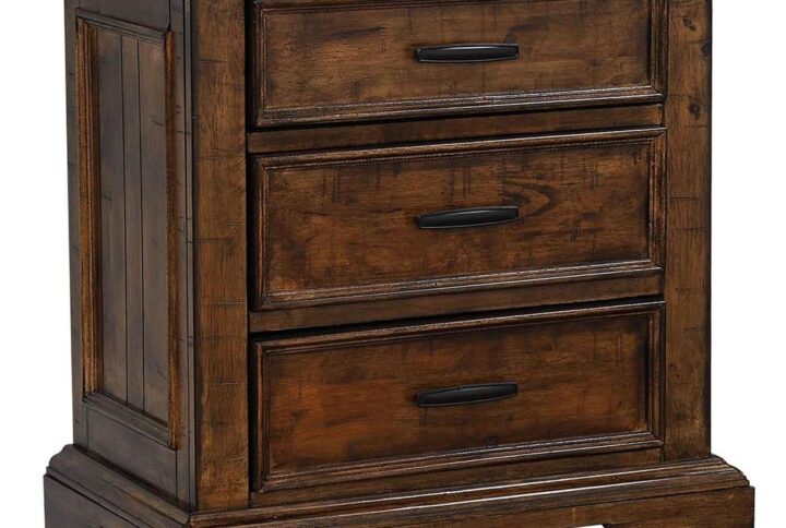 Craft a rustic look in a bedroom with the warm hues from this three-drawer nightstand. Constructed out of solid wood for ultimate sturdiness