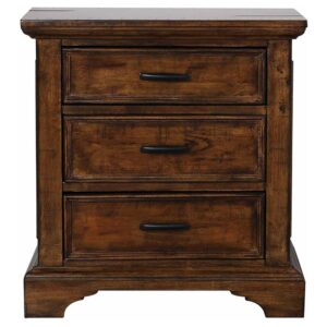the clean silhouette features a rich vintage bourbon finish. Dark hardware mirrors the deepened hues of the edges for a balanced feel. Store all bedtime necessities and electronics in the drawers