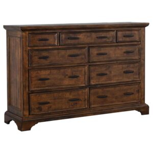 this nine-drawer dresser is stunning. Featuring a vintage bourbon finish