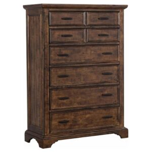 this wooden eight-drawer chest features a simple silhouette enhanced with raised details. Warm up a bedroom or hallway with a vintage bourbon finish that reveals a subtle wood grain. Traditional hues are complemented by the modern addition of deep metallic hardware. Store extra linens and clothing safely with a variety of different drawer sizes. Slightly tapered legs add a refined feel to the most rustic of spaces.