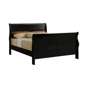 the headboard is slightly higher than the footboard. Elongated and beveled geometric shapes constructed of wood veneer and select hardwoods offer a clean and refined feel. The simple silhouette is sleekened by a contemporary black finish. Full of balanced details and depth