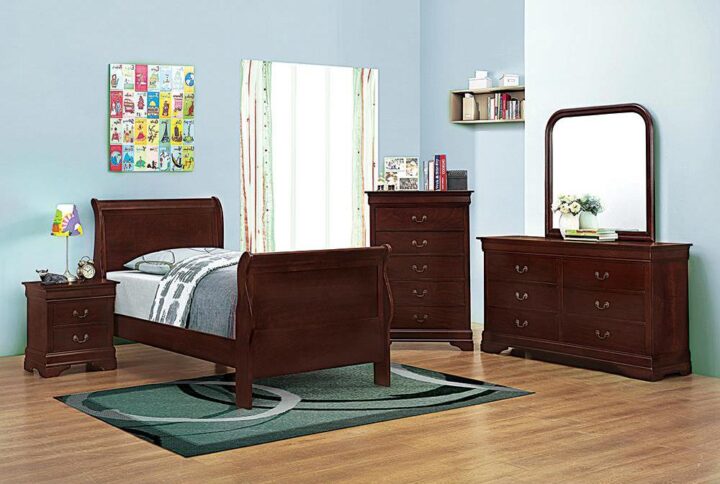 Elevate your personal sanctuary with classic glamour and loads of convenient storage space. This handsome five-piece bedroom set is complete with a bed