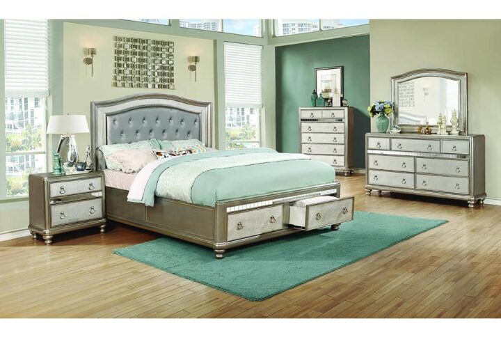 Classic elegance and a touch of shine blend together to form a magnificent design. This gorgeous five-piece bedroom set is brought to life by a metallic finish with a stunning highlight glaze. Its headboard and mirror are exquisitely crafted with a graceful