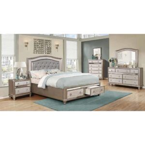 Give any bedroom an elegant vibe with this stunning four-piece set. Its camel back shaped headboard and mirror pull a room together in style. Felt-lined top drawers and a hidden jewelry drawer in the dresser offer added softness and security. A handy USB charger in the nightstand is a convenient and versatile touch. With a metallic finish enhanced by shimmering highlight glaze