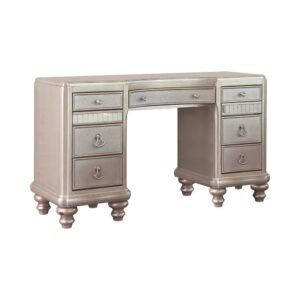 this vanity desk adds a luxurious look to a master suite. Its stylish functionality will instantly upgrade your daily routine. Felt-lined top drawers and a built-in jewelry tray allow for safe storage of valuables and cosmetics. With a metallic finish and highlight glaze