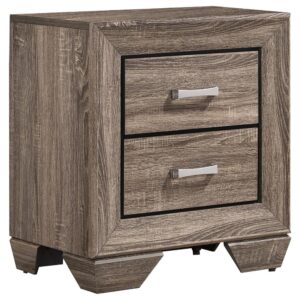 Crisp lines and warm hues are showcased in this transitional two-drawer nightstand. Covered in a soft washed taupe finish
