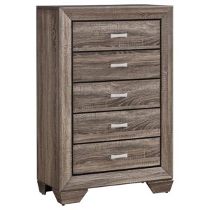 the silhouette of this five-drawer chest adds a retro feel to a contemporary space. Radiate sophistication with a washed taupe finish that highlights a stunning exposed wood grain. Refined and stylish