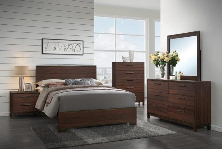This sophisticated five-piece bedroom set creates a cool
