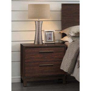 this transitional two-drawer nightstand warms up spaces. The mixed media look of wood and metal celebrates industrial design while the rich hues offer a retro feel. Sleek and smooth drawer fronts and legs feature a subtly exposed wood grain. In a rustic tobacco finish