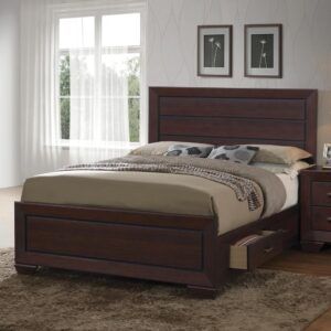 Art and engineering meet to refresh a transitional bedroom. This stylish bed offers a hint of rustic charm and a sophisticated attitude. With a dark cocoa finish