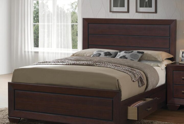 Art and engineering meet to refresh a transitional bedroom. This stylish bed offers a hint of rustic charm and a sophisticated attitude. With a dark cocoa finish