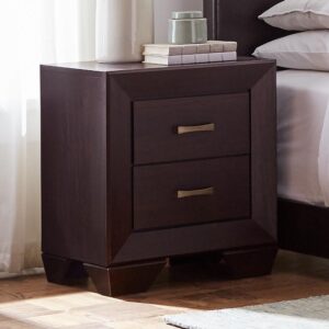 this transitional two-drawer nightstand oozes retro charm. Contrast black recessed grooves help to frame the smooth drawer fronts. Tapered legs play into the retro style. In a dark cocoa hue