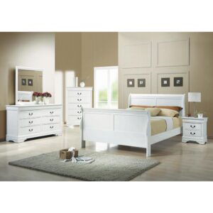 this wood full size bed looks great in a modern space. In a crisp white finish