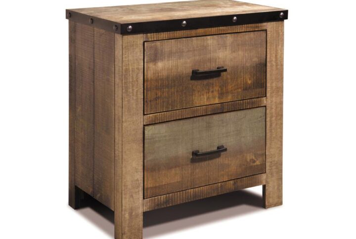 Celebrate modern expressionism with the sleek edges of this two-drawer nightstand. Dark and elongated drawer pulls create contrast against the weathered and distressed multi-colored finish. Artistic in style