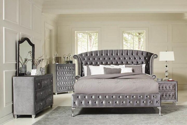 From the Deanna bedroom collection comes this palatial bed. The imposing