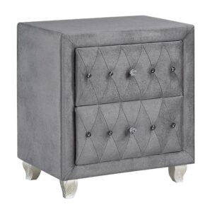 with each piece featuring a magnificent metallic finish and/or opulent gray button tufted fabric. The imposing eastern king bed features a rolled head board and armrests complete with contrasting nailhead trim. The night stand features two roomy drawers and big enough table top for a contemporary table lamp. The dresser is constructed with seven spacious drawers and table top space for knickknacks and accessory boxes. A gorgeous mirror with a curved top and nailhead trim fits perfectly on the dresser to complete this contemporary design.