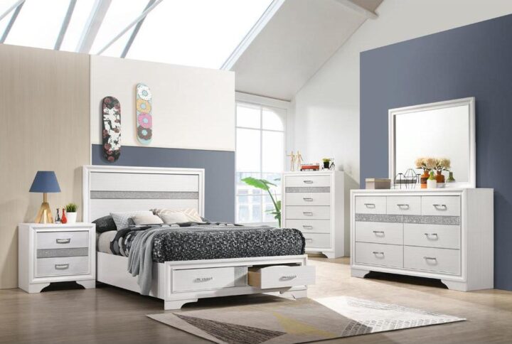Create a stunning bedroom ensemble that's fit for modern royalty. Each gorgeous piece in this four-piece set flaunts silvery