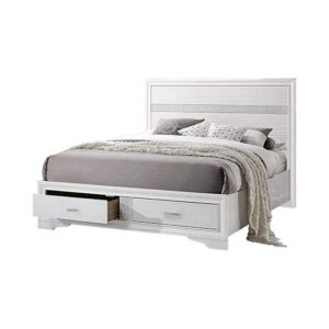 This alluring bed from the Miranda collection has both fashion and function. It features crisp lines and a headboard that's as simple as it is impressive. The footboard is built with two roomy drawers to hold extra sheets and blankets. The bed has an effortless timelessness and elegance. Add to the bedroom for a charming ambiance that's sure to please.