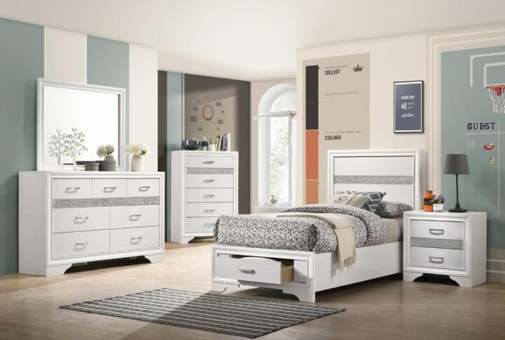 Create a stunning bedroom ensemble that's fit for modern royalty. Each gorgeous piece in this four-piece set flaunts silvery