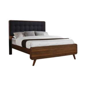 straight lines and an air of bucolic serenity. The headboard is fashioned with button tufting that's complemented by a sleek low-profile footboard. The bed has a dark walnut finish with wood grain accents for a rustic look that's warm and inviting. With angled legs and perched off the ground