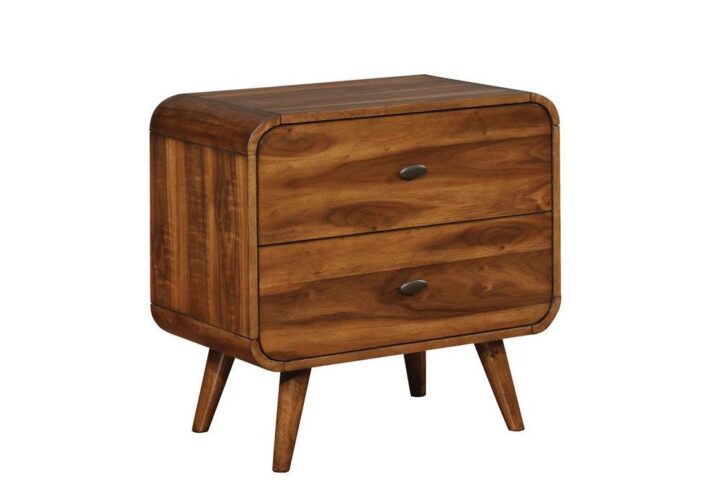 Capture the essence of mid-century modern-inspired design with the rounded edges from this two-drawer nightstand. Complete with angled