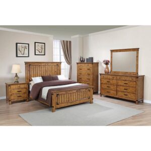 The Brenner collection brings you this countryside-inspired bed. It features elegant bucolic styling and classic clean lines. Both the imposing headboard and low footboard are built with handsome vertical paneling. The bed is finished in rustic honey with contrasting wood grain accents for a rustic appeal. This bed is perfect for a home with a pastoral