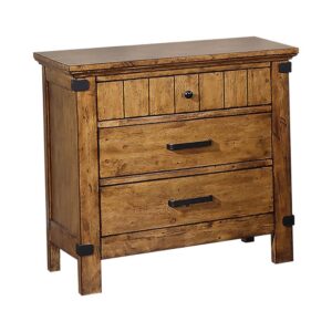 this nightstand is crafted with solid hardwood drawer fronts and case tops in a rustic honey finish. Inspire a multi-dimensional feel with the exposed wood grain and cabin-inspired decorative details along the top drawer. Welcome a modern feel with the elongated drawer pulls and subtle metal accents. Straight legs and lines streamline while framing the silhouette.